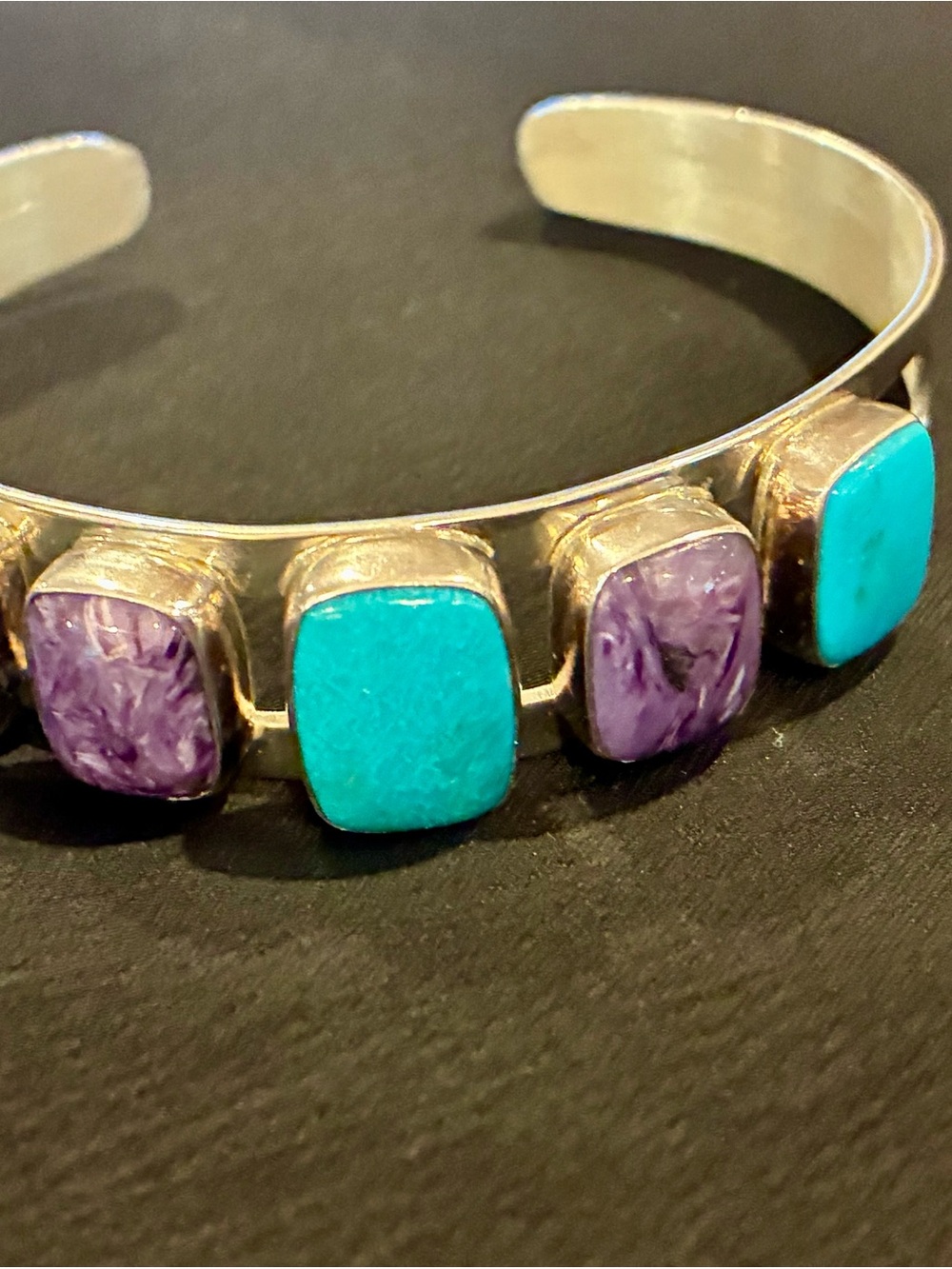 Vintage JAY KING Mine Finds Charoite and Turquoise Cuff Sterling Bracelet